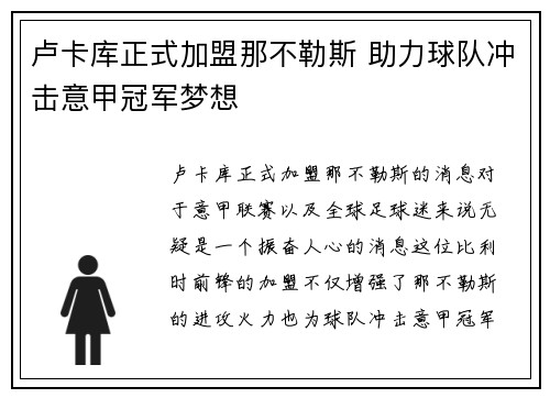卢卡库正式加盟那不勒斯 助力球队冲击意甲冠军梦想